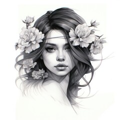 Sketch for a tattoo. Pencil drawing of a beautiful girl