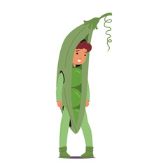 Cheerful Kid Wearing A Vibrant Green Peas Pod Costume, Complete With A Smiling Face Peeking Out, Vector Illustration