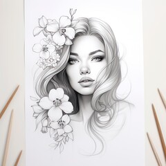 Sketch for a tattoo. Pencil drawing of a beautiful girl