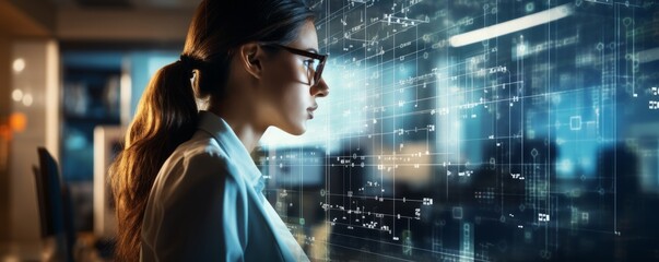 expert data coding coumputer ai data analysis cloud computing management control woman using server computer hud ui gui interface hologram futuristic engineeer working in workshop studio office - obrazy, fototapety, plakaty