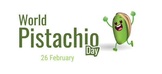 A fun and cheerful pistachio with arm up to celebrate the World Pistachio Day celebrated on February 26th, green and brown tones on white background.