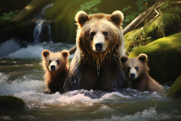 Obraz premium brown bear in the lake || brown bear in water || brown bear in water with their children || A Brown Bear with 2 spring cubs