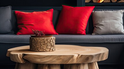 Close-up photo of a log coffee table sits next to a rustic sofa with red and gray cushions against a dark plaster background. Modern living room interior design in dark colors.