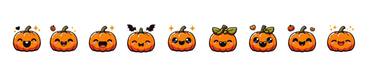 Vector cute halloween or thanksgiving pumpkin set. A bunch of happy Halloween pumpkins. Laughing faces; pumpkins are cute faces. Funny smiling pumpkins for Halloween or Thanksgiving celebration.