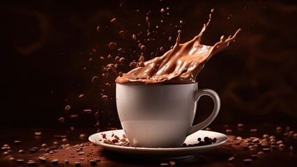 A cup of hot chocolate with splashes - obrazy, fototapety, plakaty