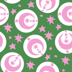 Starry night seamless pattern with moon, stars and clouds. Boho style decorative background for wallpaper, digital paper, wrapping design, fashion fabric, textile print. Hand drawn illustration.