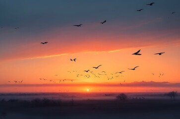 Birds flying at sunsets