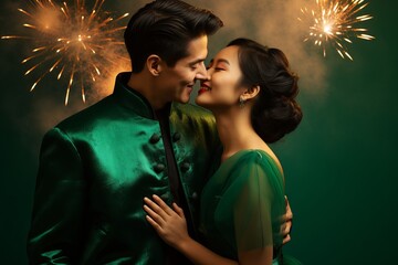 Photo of a happy Chinese couple celebrating Chinese New Year on an emerald background with fireworks.