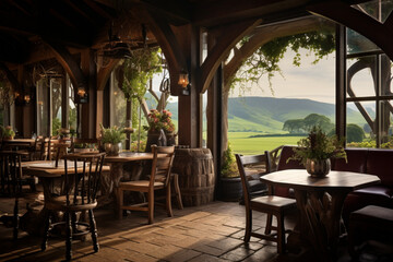 Fototapeta premium table and chairs in a restaurant || table and chairs in a mountain hotels || Vacation, travel and trip concept