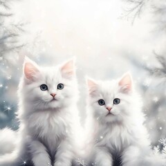 Fototapeta premium Soft New Year's background. Clean pastel tones, glitter, Christmas balls, kittens.