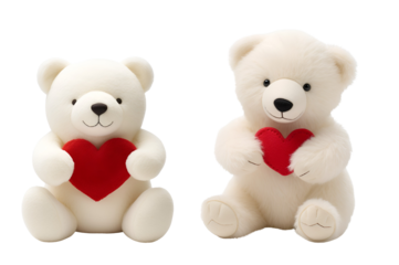 Red heart in the paws of a polar bear: cutout set of stuffed fluffy plushie animal toy, Isolated on Transparent Background, PNG