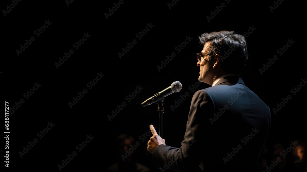 Poster man in a suit speaking into a microphone in front of an audience in a dark auditorium.