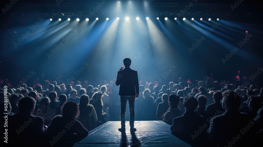 Poster man in a suit speaking into a microphone in front of an audience in a dark auditorium.