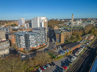 Southampton modern apartments next to central railway station and sea museum in autumn aerial
