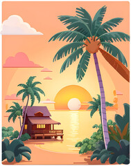 Home with coconut tree and sunset