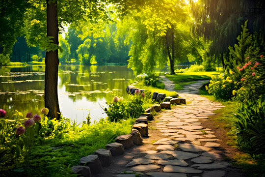 Wonderful colorful summer spring characteristic scene with a lake in Stop encompassed by green foliage of trees in daylight and stone was in frontal area