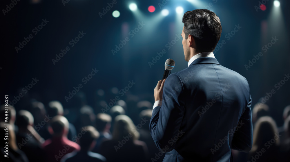 Aufkleber man in a suit speaking into a microphone in front of an audience in a dark auditorium.