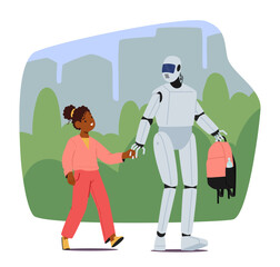 Robot Walk To School With A Delighted Child, Carrying Backpack. Characters Journey Unfolds With Mechanical Grace