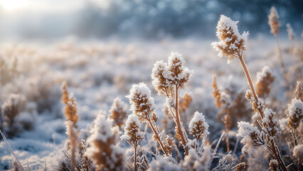 Winter atmospheric landscape with frost-covered dry plants during snowfall. Winter Christmas background