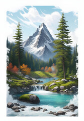 Mountain with trees and water in autumn.