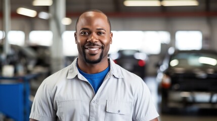 Fototapeta na wymiar Smiling car professional strikes a confident pose in the repair garage.