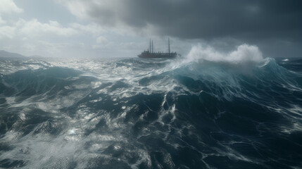 Ship. Storm at sea and ocean. Ocean waves. Big waves. 