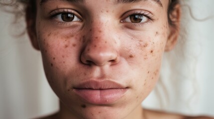 Obraz premium Authentic closeup of a teen girl with imperfect skin against a studio backdrop.