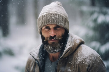 Fototapeta premium Bearded man guy enjoying wonderful winter weather snowy forest hiker Generative AI