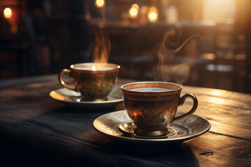 Cozy Cafe Ambiance: Porcelain Teacups Filled with Aromatic Tea Resting on a Wooden Table in a Serene Setting. Elegant Decor and Warm Atmosphere of a Charming Tearoom Interior