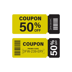 Fototapeta premium Discount coupon or gift voucher for shopping. Discount voucher, gift coupon design. Black and yellow coupon 50 off, template for big sale, special offer with promo code.