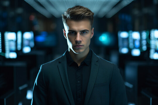 Generative AI portrait of cyberpunk system administrator programmer hacker person