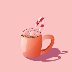 Cup of coffee with marshmallow on a rose background, isolated