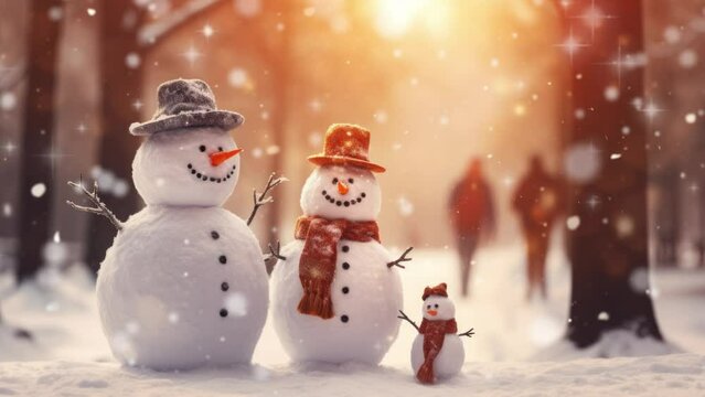 Christmas scene animated background with snowy outdoors and cute friendly festive snowmen in a snow storm