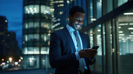 Fototapeta na wymiar Smiling man in a business suit is looking at his smartphone, standing indoors with the night city lights reflected in the glass window behind him.