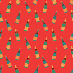 Dynamic seamless pattern bottle of champagne on a red background 