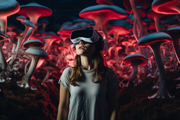 Youngster watching 3d object in virtual world fun cheerful vr glasses goggles generative ai