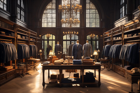 a perfectly lit tailor shop portaying elegance and class