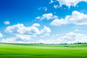 Fototapeta premium Panoramic natural landscape with green grass field and blue sky with clouds