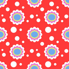 Abstract flower with white circles seamless pattern on red background 