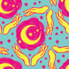 Starry night seamless pattern with moon, stars and clouds. Boho style decorative background for wallpaper, digital paper, wrapping design, fashion fabric, textile print. Hand drawn illustration.