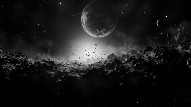 black and white illustration of an alian planet surface