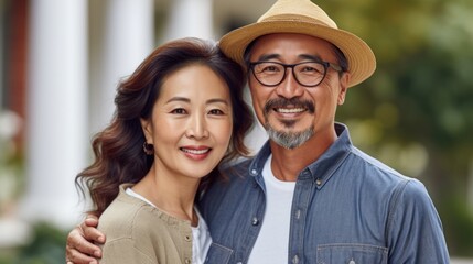 At home, a middle-aged Asian couple expresses their love through a warm and comforting embrace. - obrazy, fototapety, plakaty
