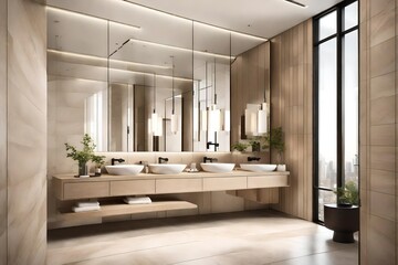 A bathroom with floor-to-ceiling beige tiles, a floating vanity, and minimalistic decor elements, emphasizing simplicity and functionality