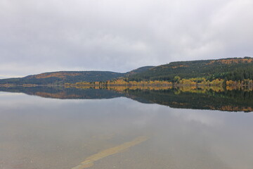 Die Landschaft spiegelt sich bei regnerischem Wetter im Schluchsee