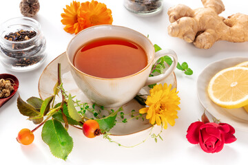 Tea with various ingredients. Teacup and herbs, fruits, and flowers, on a white background. Healthy natural remedies