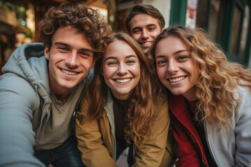 Young people with happy and funny expressions taking a selfie on the city's streets. Concept of friendship and relationships. Generative AI