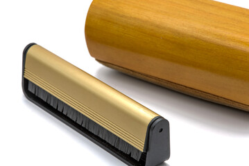 vinyl record cleaning brush (carbon fiber bristles) cloth, wood, dust removal (remove dirt from records) hi fi listening (dj, analog, high fidelity, audiophile tools, equipment) islolated on white