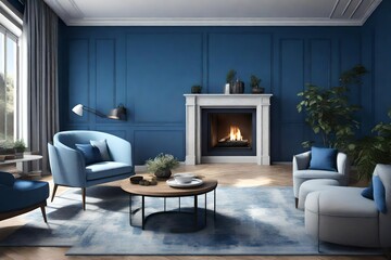A captivating 3D rendering of an interior space featuring a beautiful blue wall with a centered fireplace. 