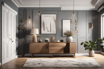 A welcoming home entrance in 3D rendering, featuring a stylish sideboard, a comfortable armchair, 