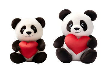 Red heart-holding Panda: A cutout set of fluffy stuffed animal toys, Isolated on Transparent Background, PNG